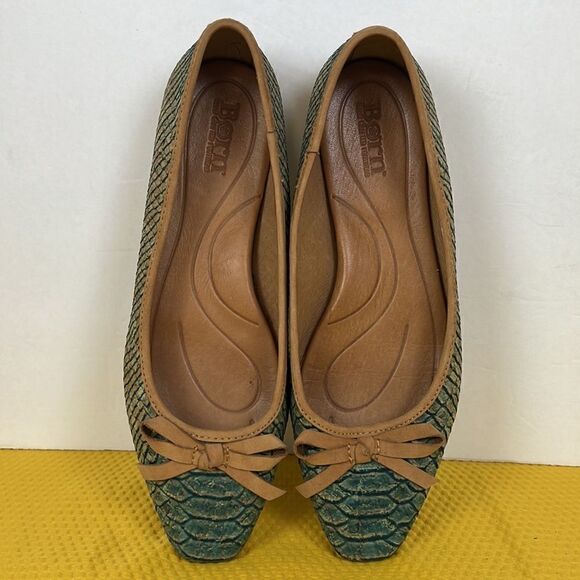 Born Carri Snakeskin Cork Tan Teal Bow Flats 6 - Picture 6 of 9